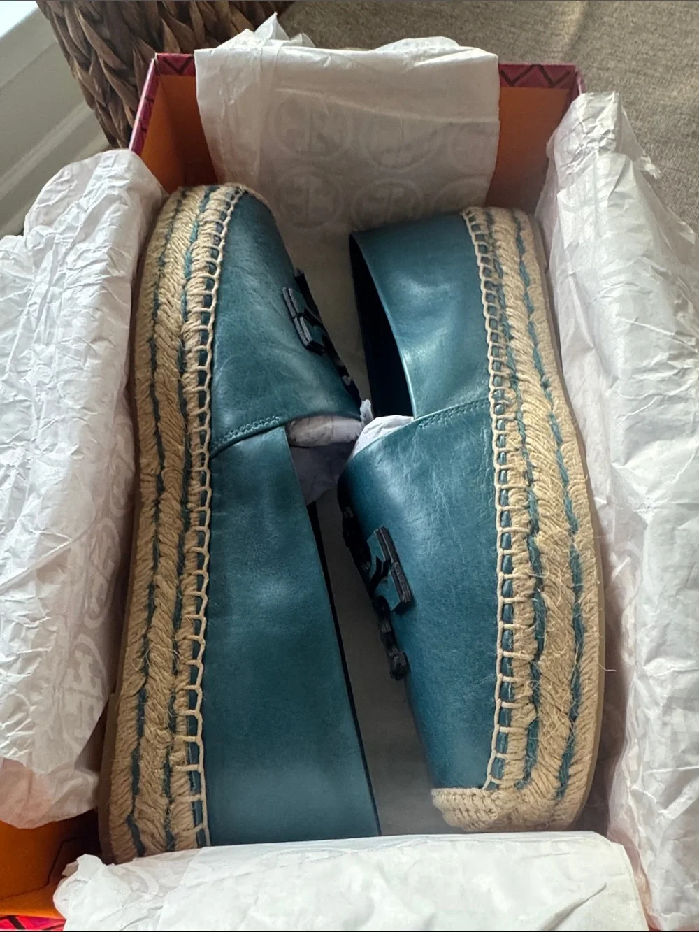 NWB Tory Burch Brisk Blue Ines Platform Leather Espadrille Goat Leather Sz 8